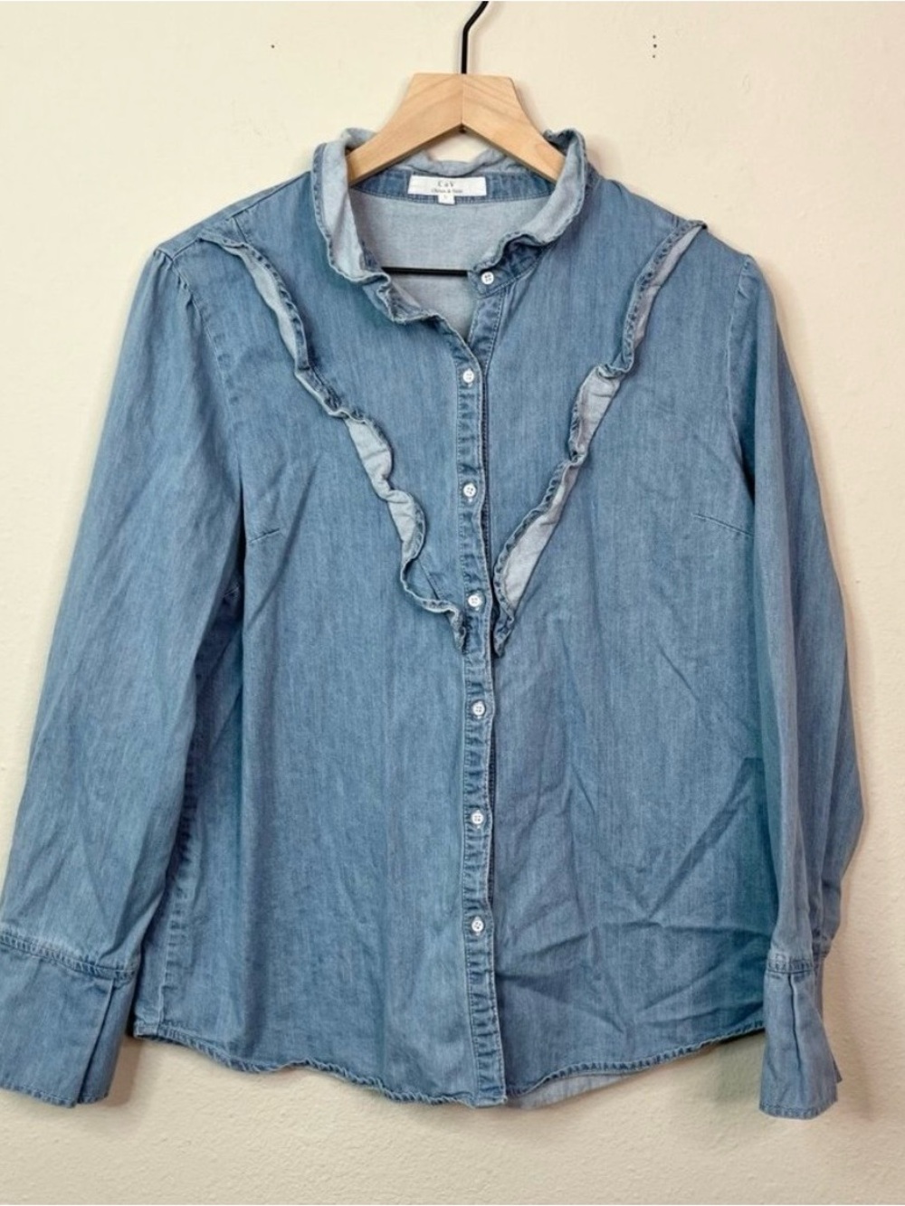 Chelsea & Violet Blue Chambray Ruffle Button  Down Shirt Size Large Long Sleeve